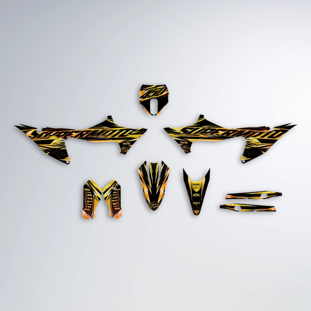 PHANTOM Stark Varg MX graphics kit parts layout in Orange & Yellow