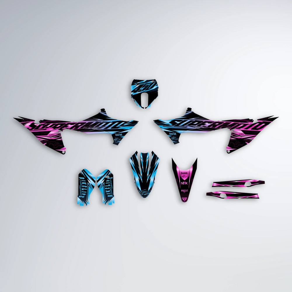 PHANTOM Stark Varg MX graphics kit parts layout in Pink & Light Blue