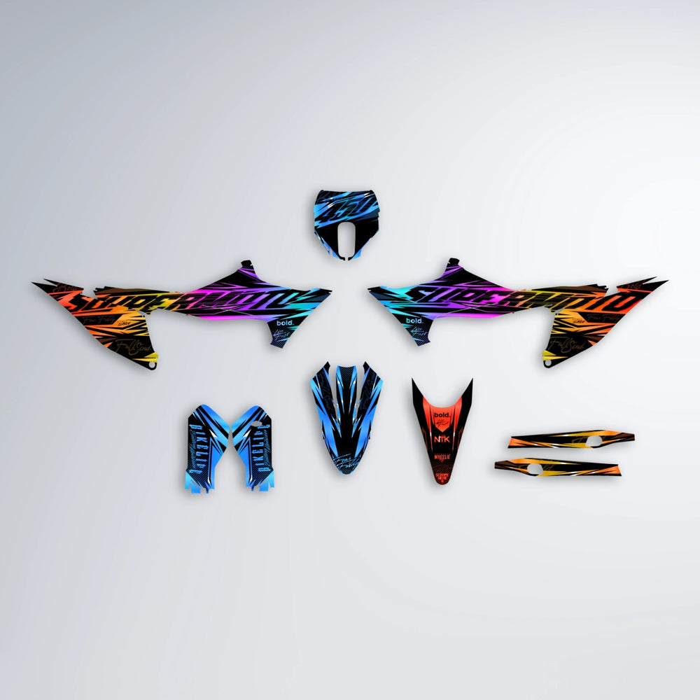PHANTOM Stark Varg MX graphics kit parts layout in Sunset Fade
