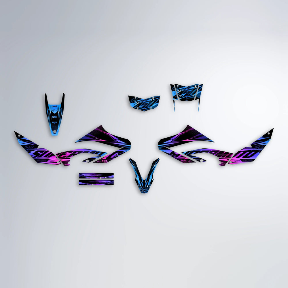 PHANTOM Yamaha WR 125X graphics kit parts layout in Blue Purple Fade