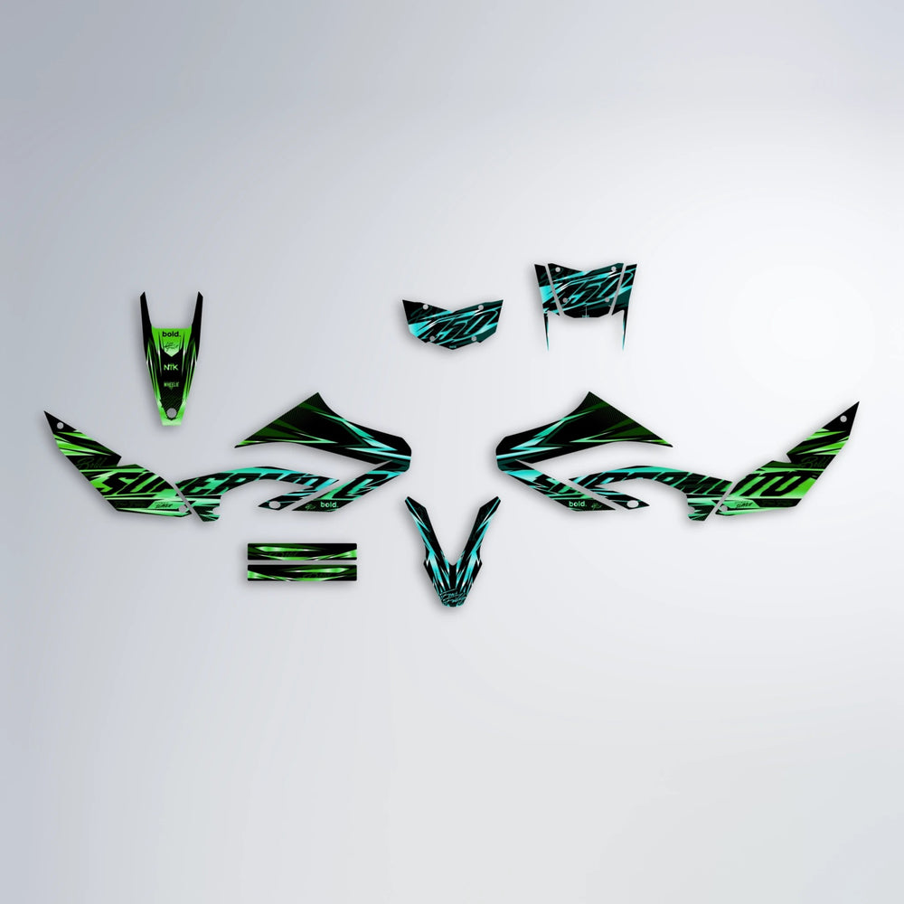 PHANTOM Yamaha WR 125X graphics kit parts layout in Cyan & Green