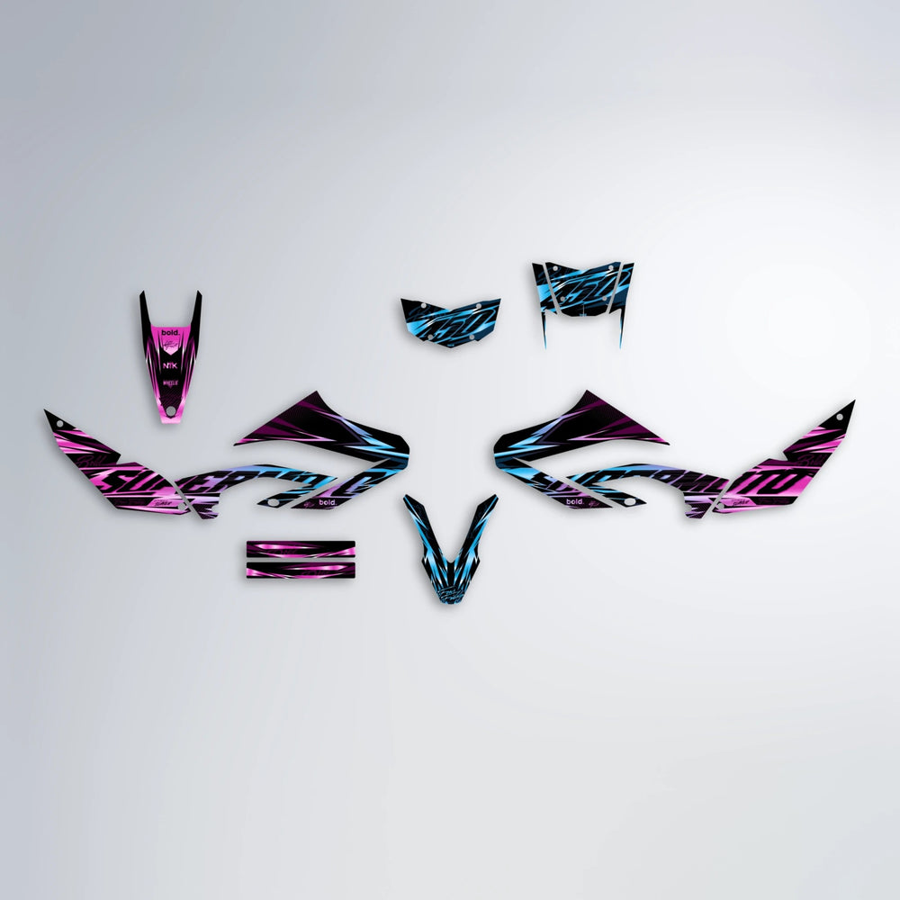PHANTOM Yamaha WR 125X graphics kit parts layout in Pink & Light Blue