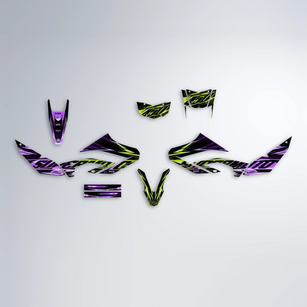 PHANTOM Yamaha WR 125X graphics kit parts layout in Purple & Yellow
