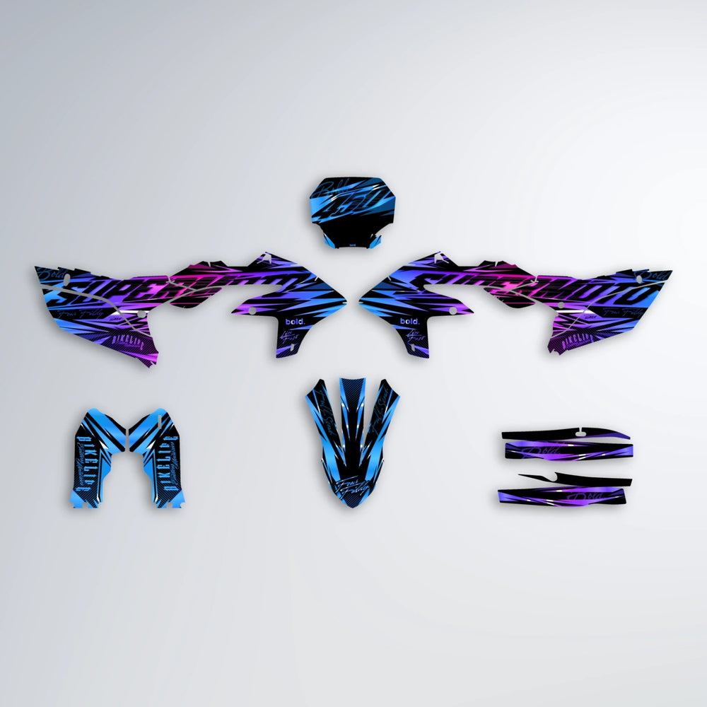 PHANTOM Yamaha YZF MX graphics kit parts layout in Blue Purple Fade
