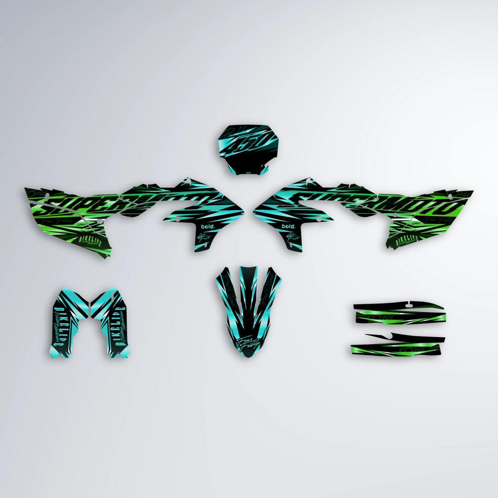 PHANTOM Yamaha YZF MX graphics kit parts layout in Cyan & Green