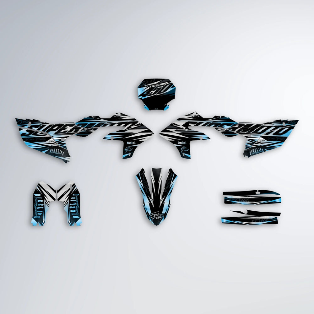 PHANTOM Yamaha YZF MX graphics kit parts layout in Light Blue & White