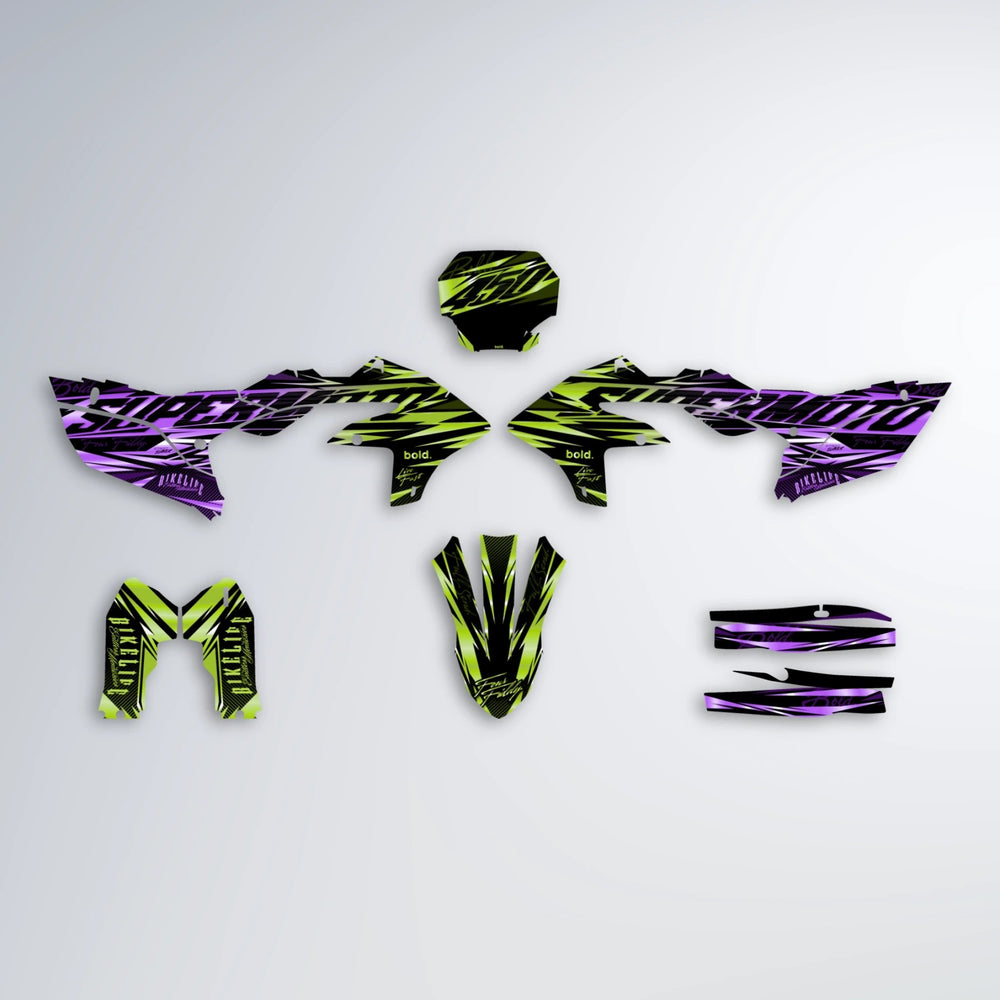 PHANTOM Yamaha YZF MX graphics kit parts layout in Purple & Yellow