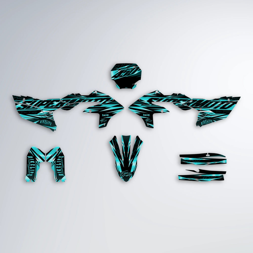 PHANTOM Yamaha YZF MX graphics kit parts layout in Teal