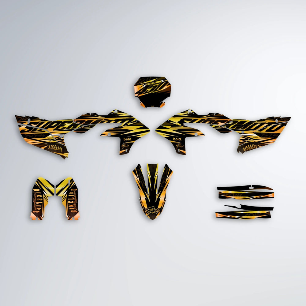 PHANTOM Yamaha YZF SM graphics kit parts layout in Orange & Yellow