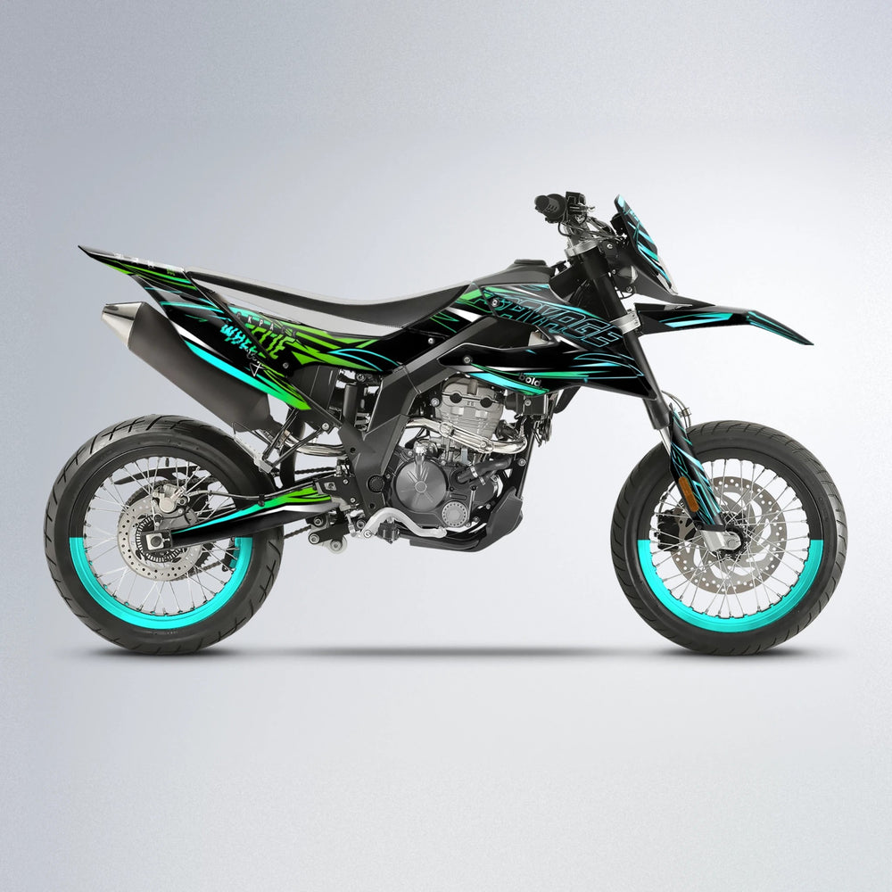 PRESENCE Aprilia SX 125 supermoto graphics kit in Cyan & Green