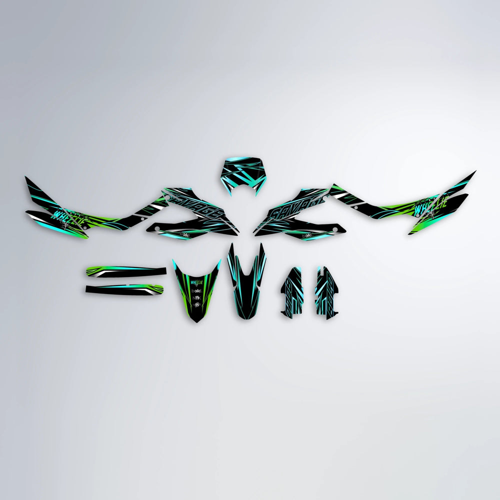 PRESENCE Aprilia SX 125 graphics kit parts layout in Cyan & Green