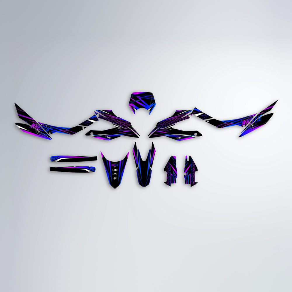 PRESENCE Aprilia SX 125 graphics kit parts layout in Purple & Blue