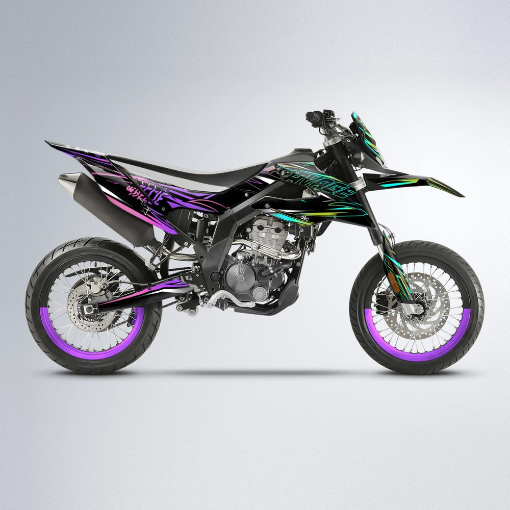 PRESENCE Aprilia SX 125 supermoto graphics kit in Purple & Yellow