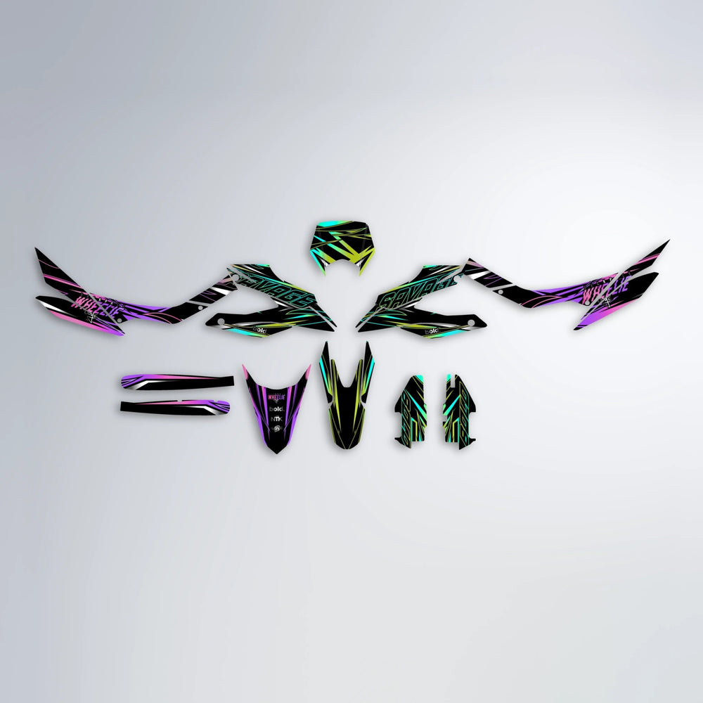 PRESENCE Aprilia SX 125 graphics kit parts layout in Purple & Yellow