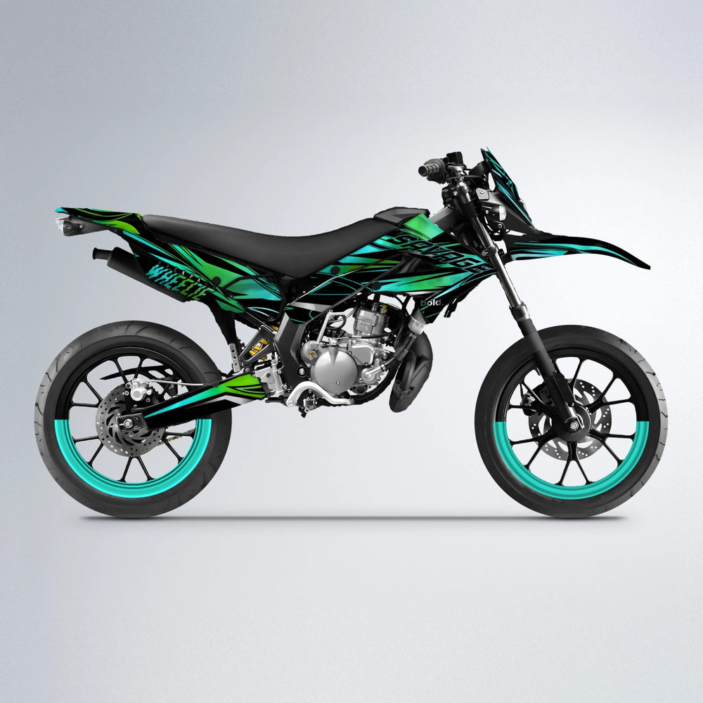 PRESENCE Derbi Senda supermoto graphics kit in Cyan & Green