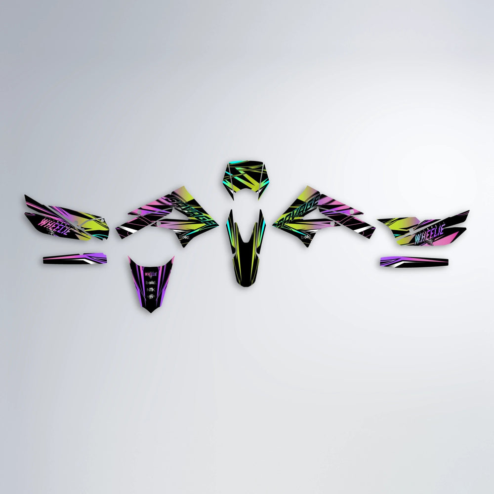PRESENCE Derbi Senda graphics kit parts layout in Purple & Yellow