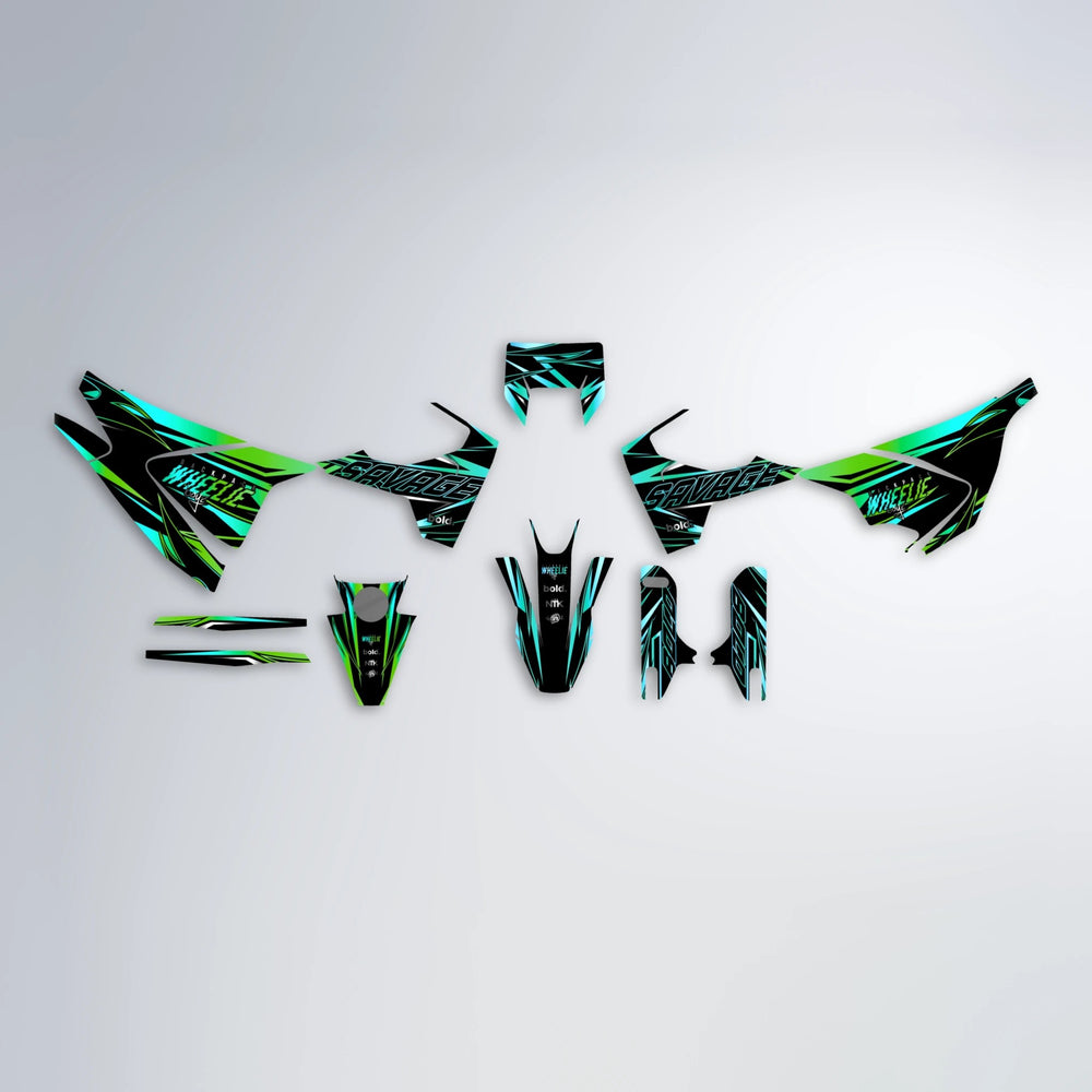 PRESENCE Husqvarna 701 graphics kit parts layout in Cyan & Green
