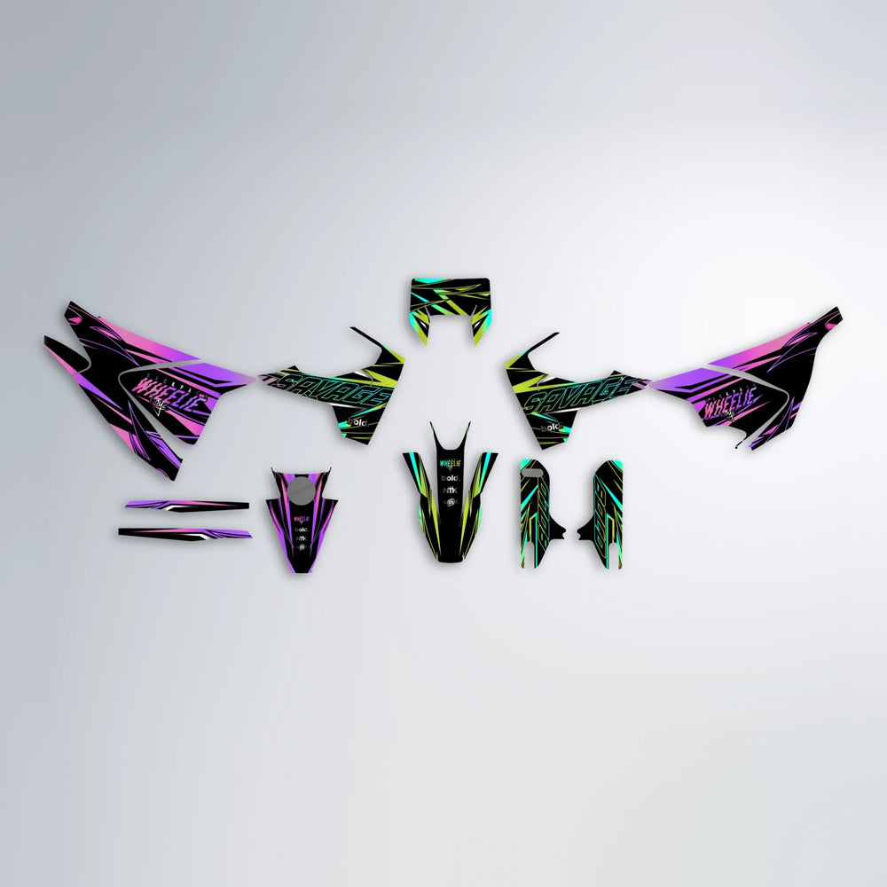 PRESENCE Husqvarna 701 graphics kit parts layout in Purple & Yellow