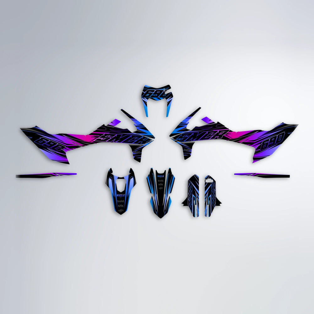 PRESENCE KTM SMC 690 graphics kit parts layout in Blue Purple Fade