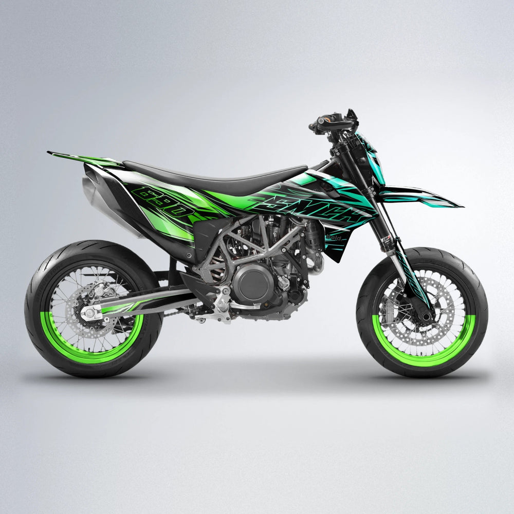 PRESENCE KTM SMC 690 supermoto graphics kit in Cyan & Green