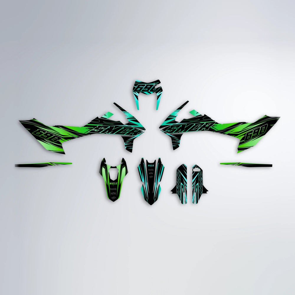 PRESENCE KTM SMC 690 graphics kit parts layout in Cyan & Green