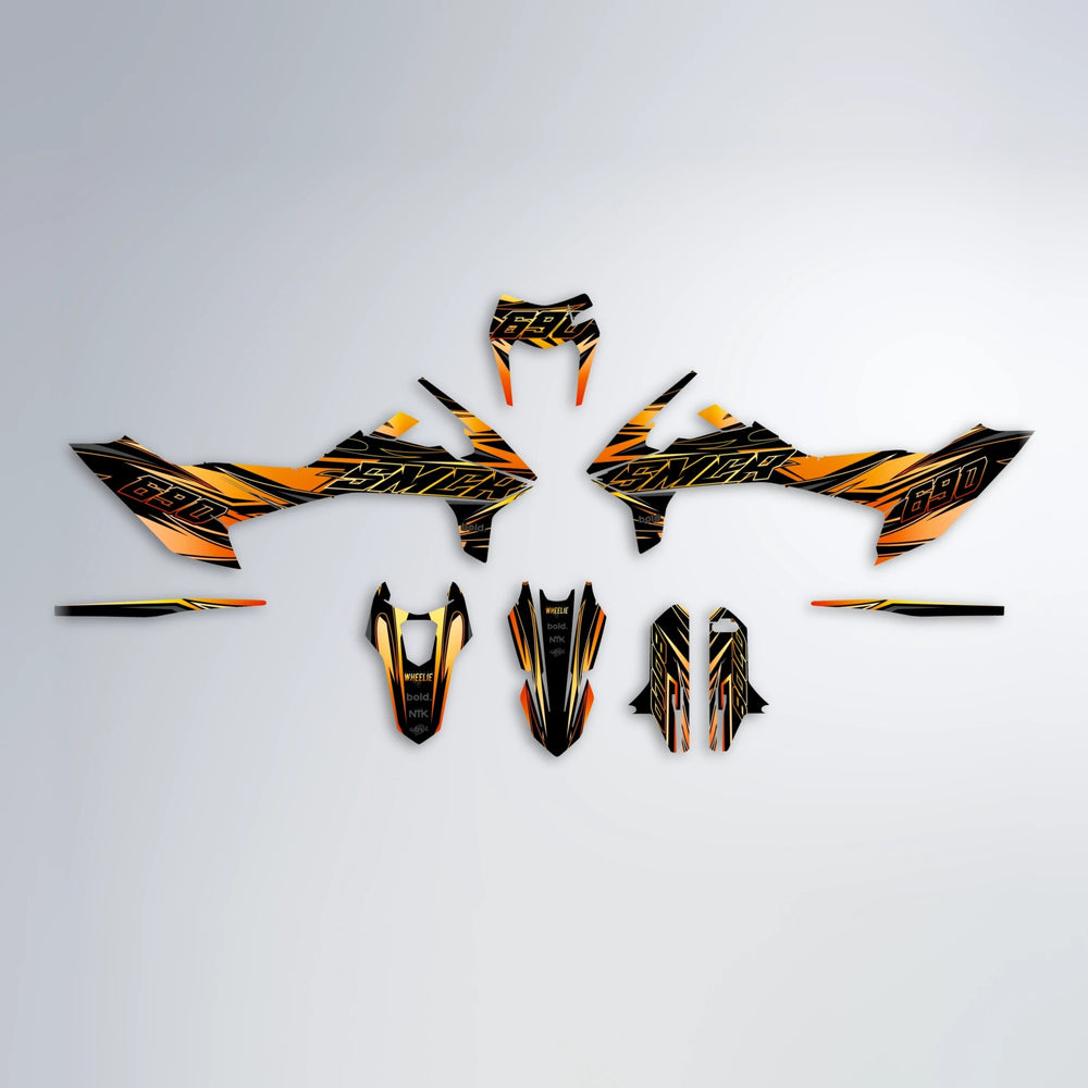 PRESENCE KTM SMC 690 graphics kit parts layout in Orange & Yellow