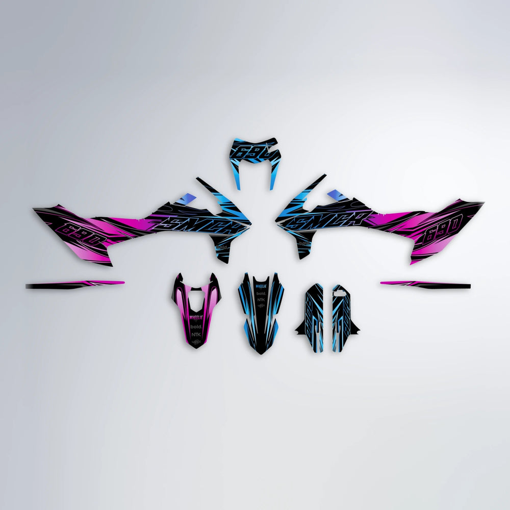 PRESENCE KTM SMC 690 graphics kit parts layout in Pink & Light Blue