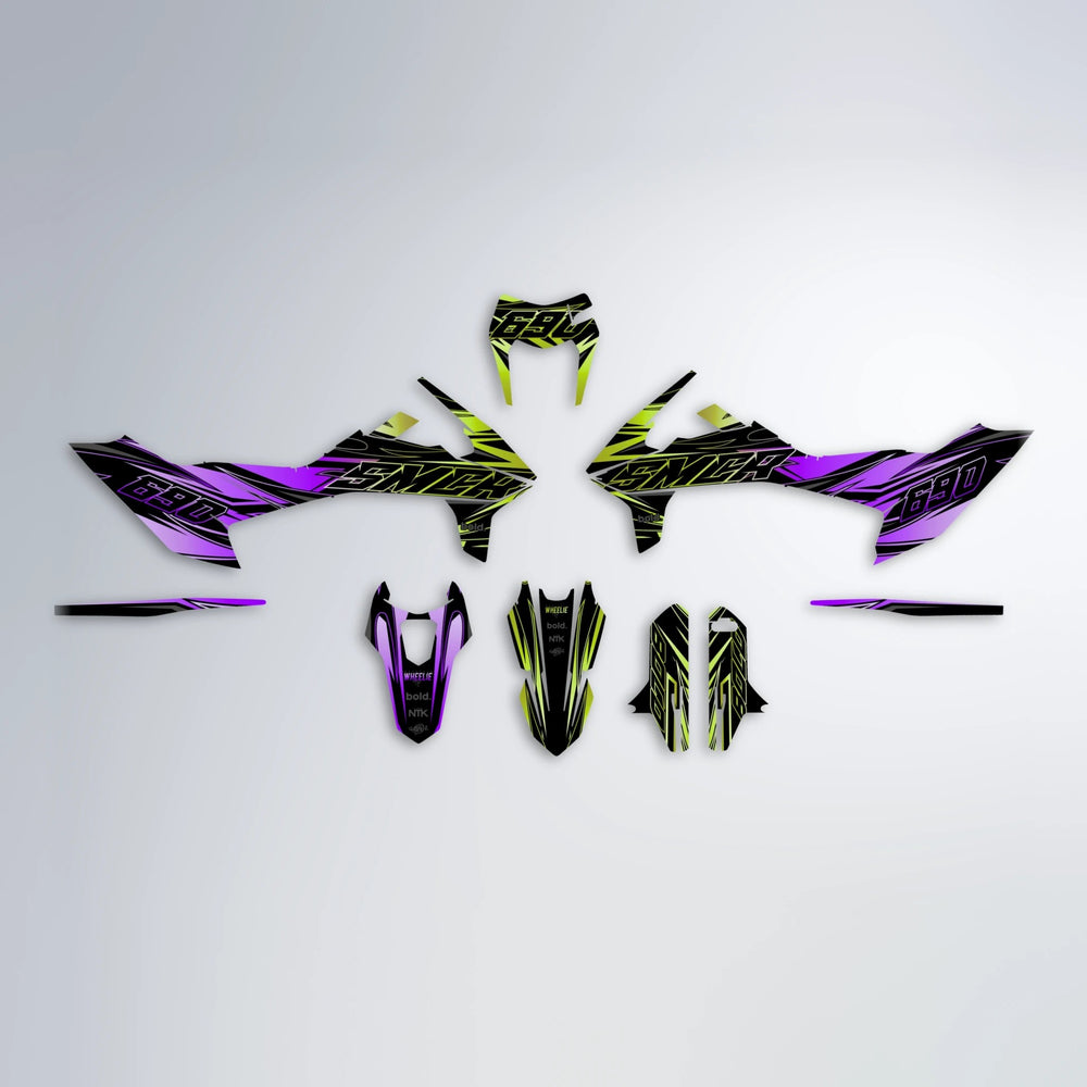 PRESENCE KTM SMC 690 graphics kit parts layout in Purple & Yellow
