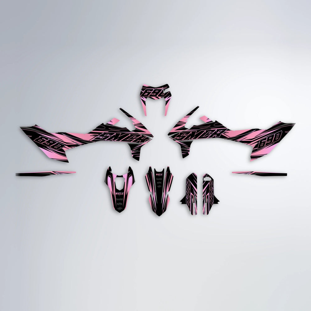 PRESENCE KTM SMC 690 graphics kit parts layout in Sakura Pink
