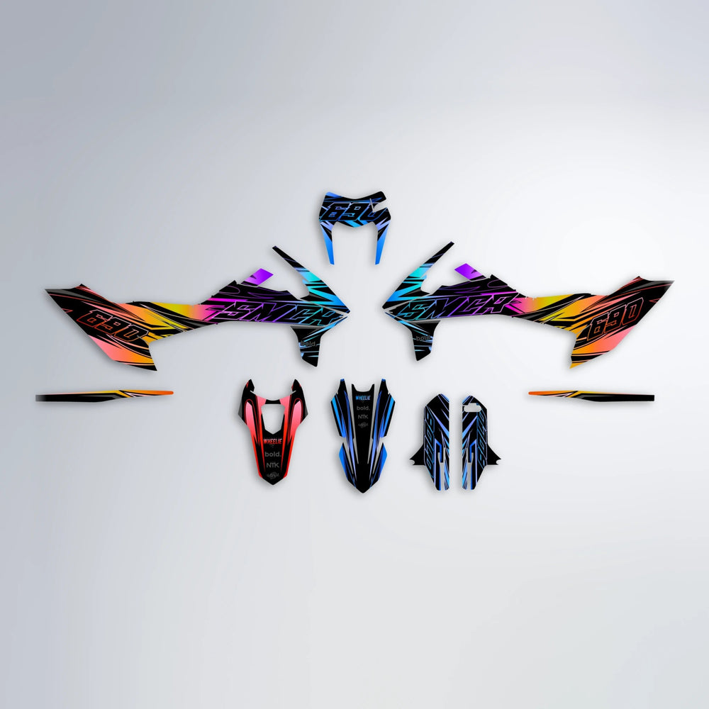 PRESENCE KTM SMC 690 graphics kit parts layout in Sunset Fade