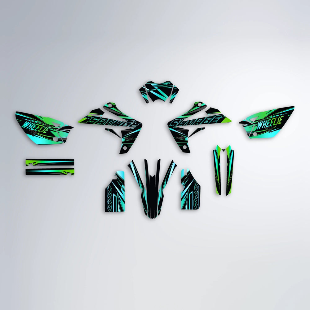 PRESENCE Rieju MRT graphics kit parts layout in Cyan & Green
