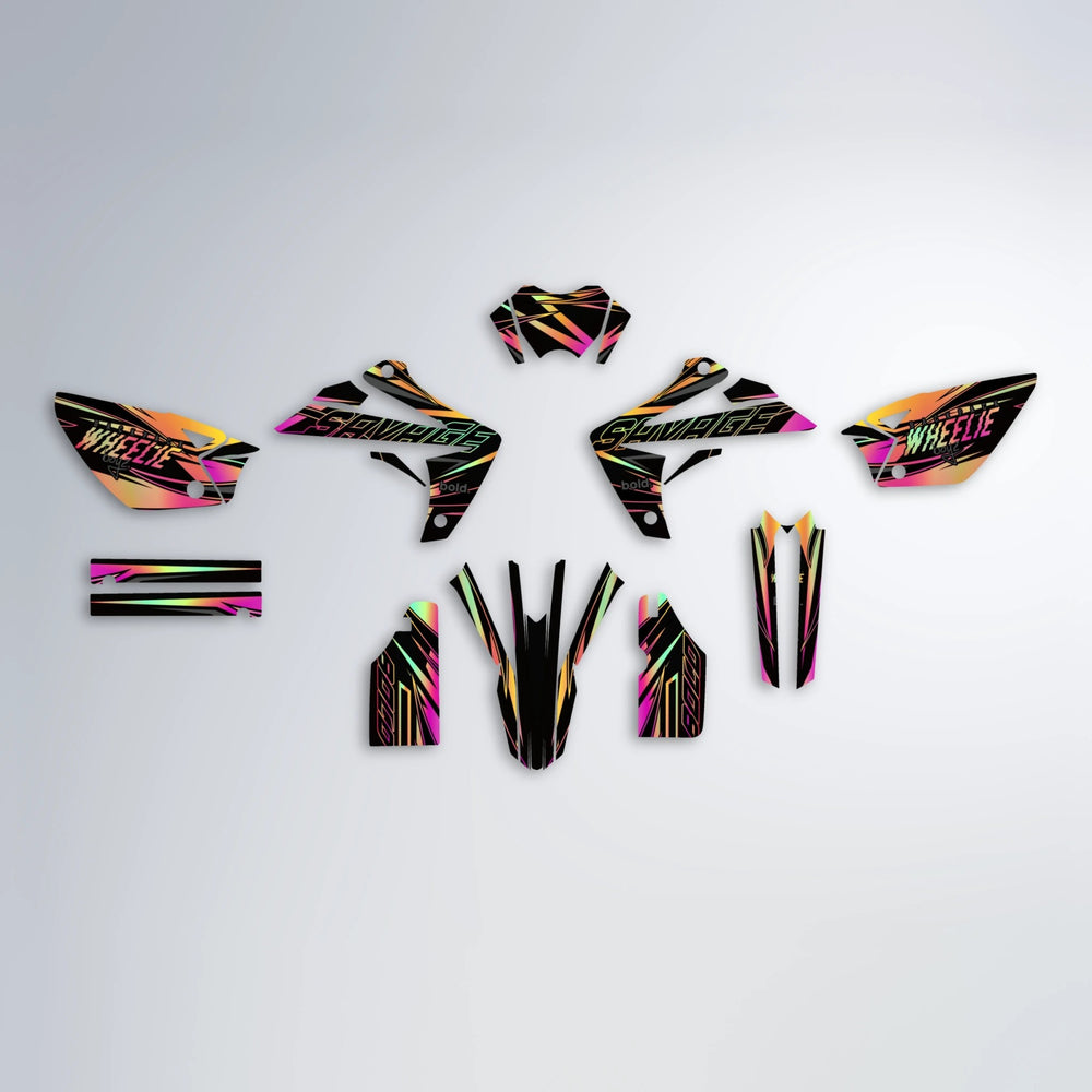 PRESENCE Rieju MRT graphics kit parts layout in Pink & Yellow