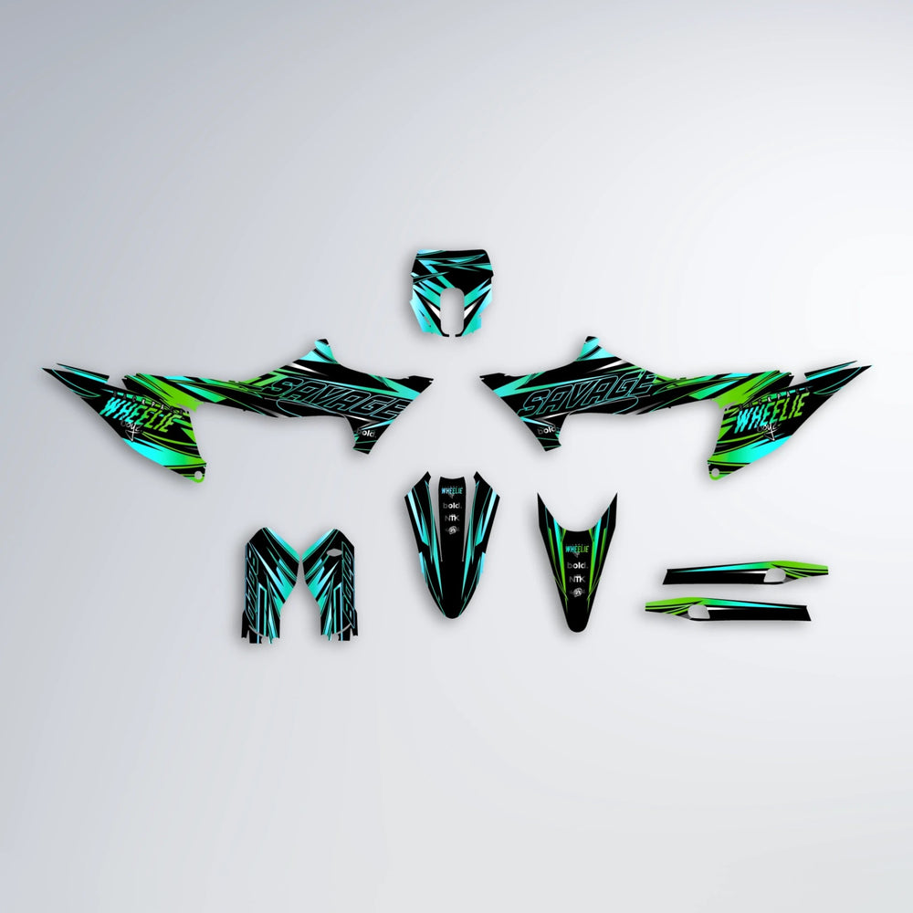 PRESENCE Stark Varg MX graphics kit parts layout in Cyan & Green
