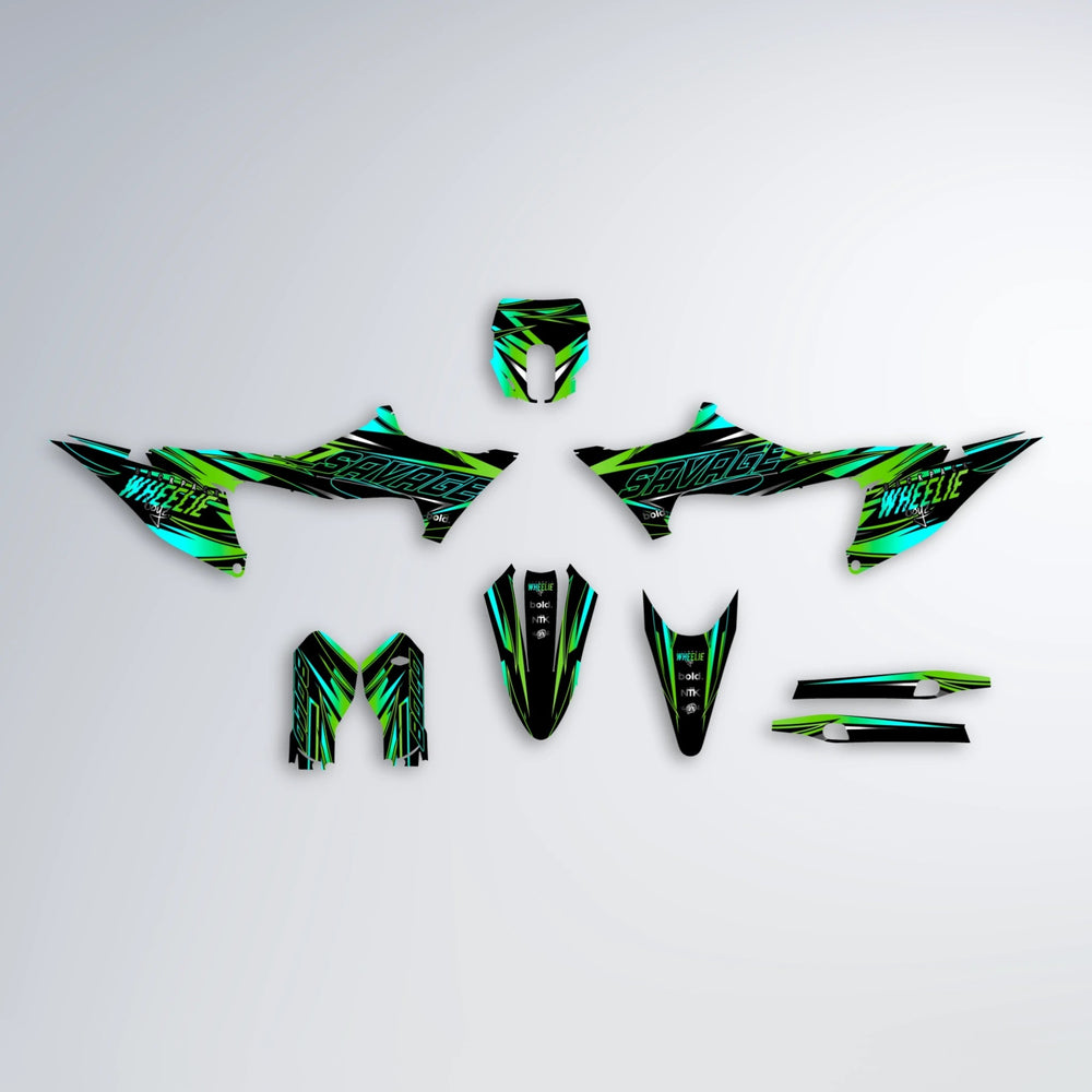 PRESENCE Stark Varg MX graphics kit parts layout in Green