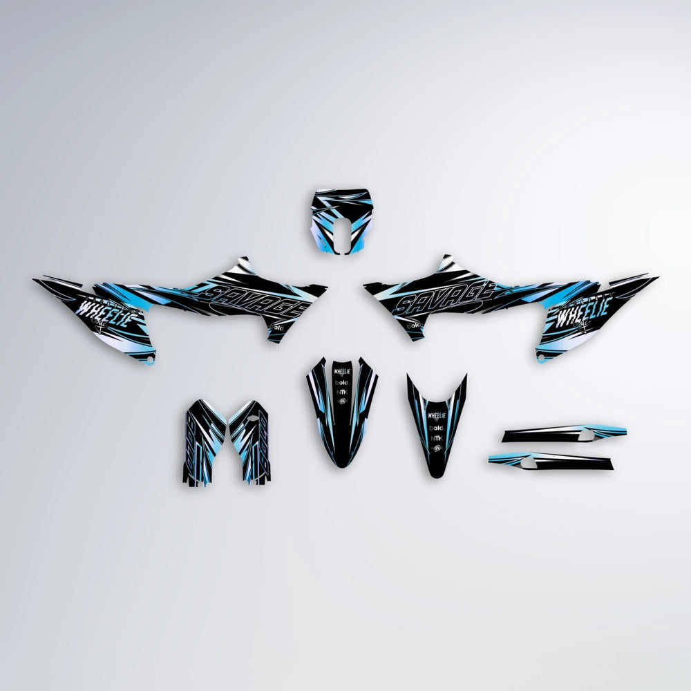 PRESENCE Stark Varg MX graphics kit parts layout in Light Blue & White