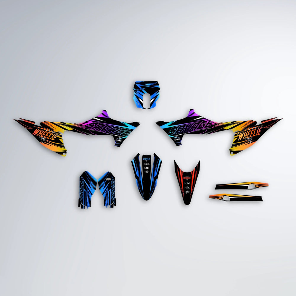 PRESENCE Stark Varg MX graphics kit parts layout in Sunset Fade