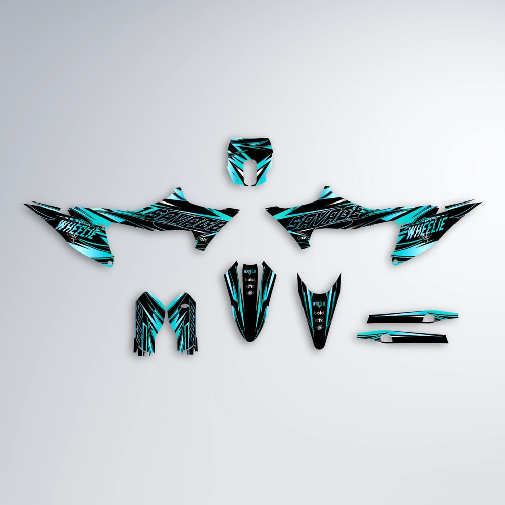 PRESENCE Stark Varg MX graphics kit parts layout in Teal
