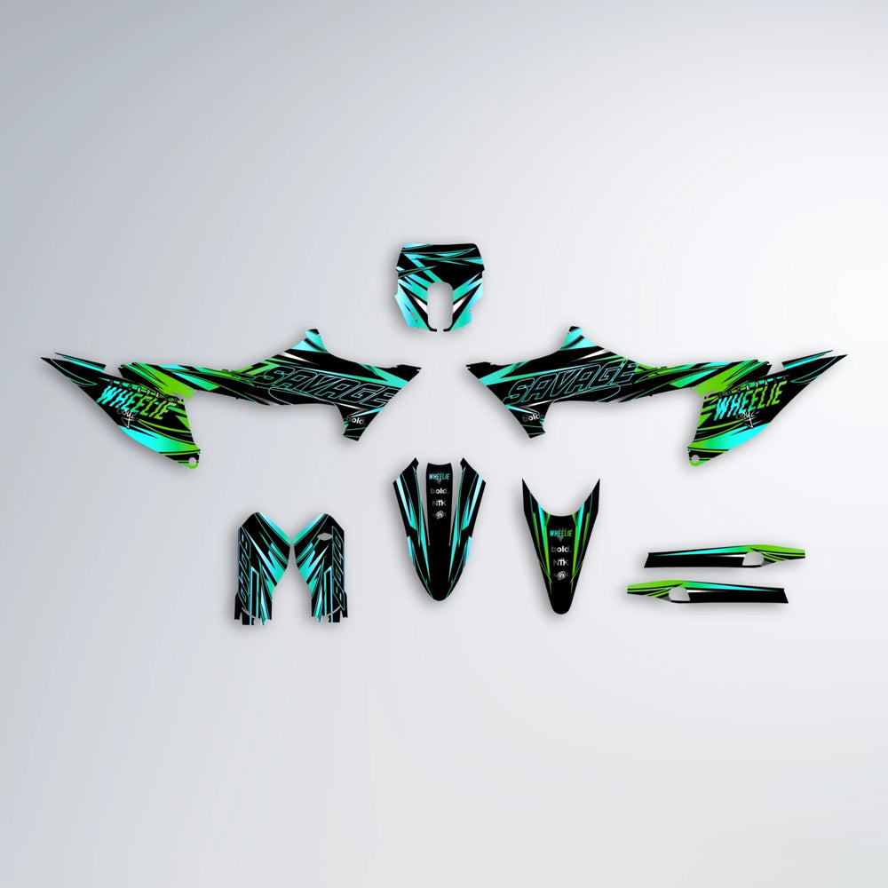 PRESENCE Stark Varg SM graphics kit parts layout in Cyan & Green