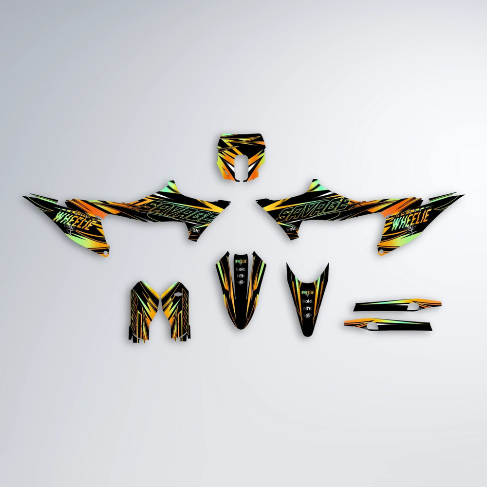 PRESENCE Stark Varg SM graphics kit parts layout in Orange & Yellow
