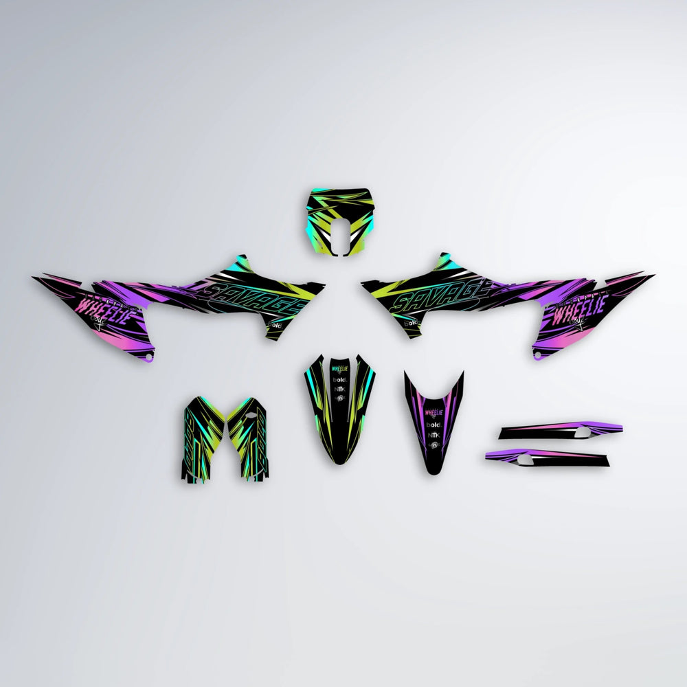 PRESENCE Stark Varg SM graphics kit parts layout in Purple & Yellow