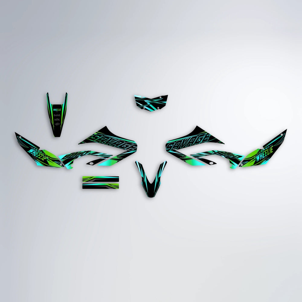 PRESENCE Yamaha WR 125X graphics kit parts layout in Cyan & Green