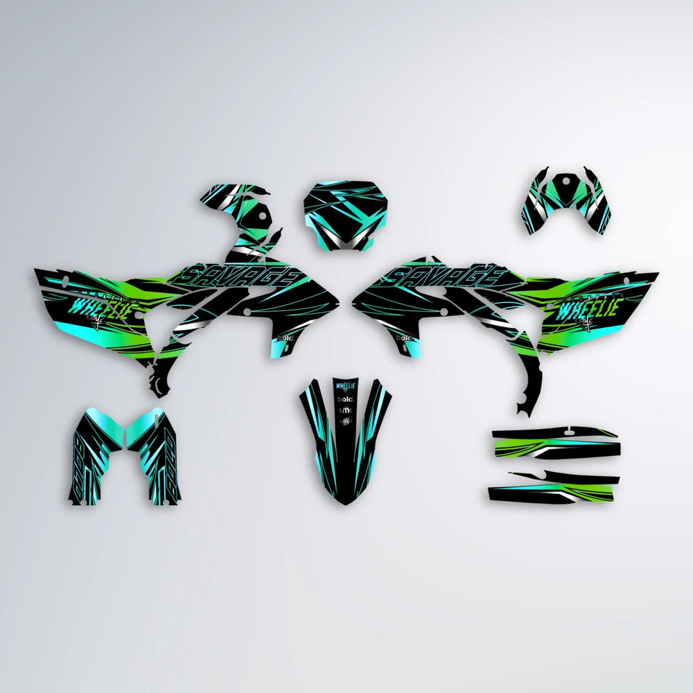 PRESENCE Yamaha YZF MX graphics kit parts layout in Cyan & Green