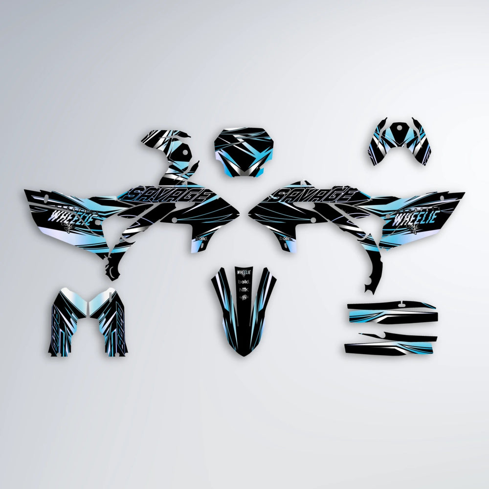 PRESENCE Yamaha YZF MX graphics kit parts layout in Light Blue & White
