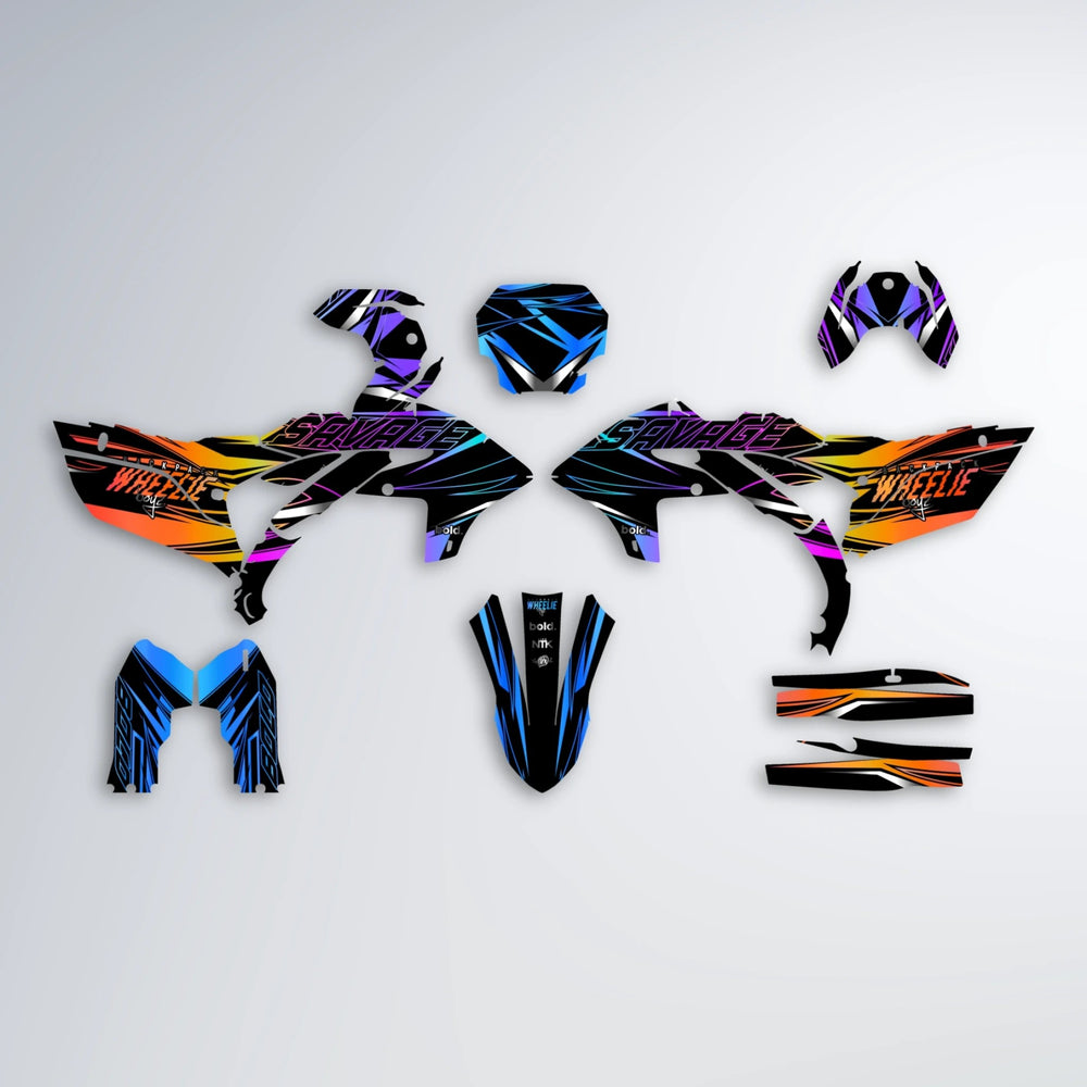 PRESENCE Yamaha YZF MX graphics kit parts layout in Sunset Fade