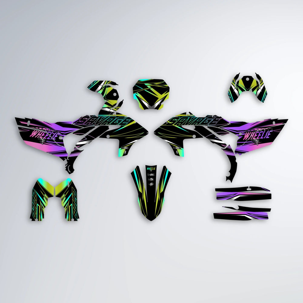 PRESENCE Yamaha YZF SM graphics kit parts layout in Purple & Yellow