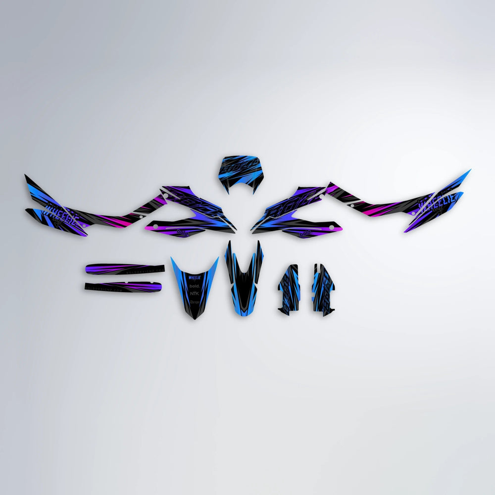 RAGE Aprilia SX 125 graphics kit parts layout in Blue Purple Fade