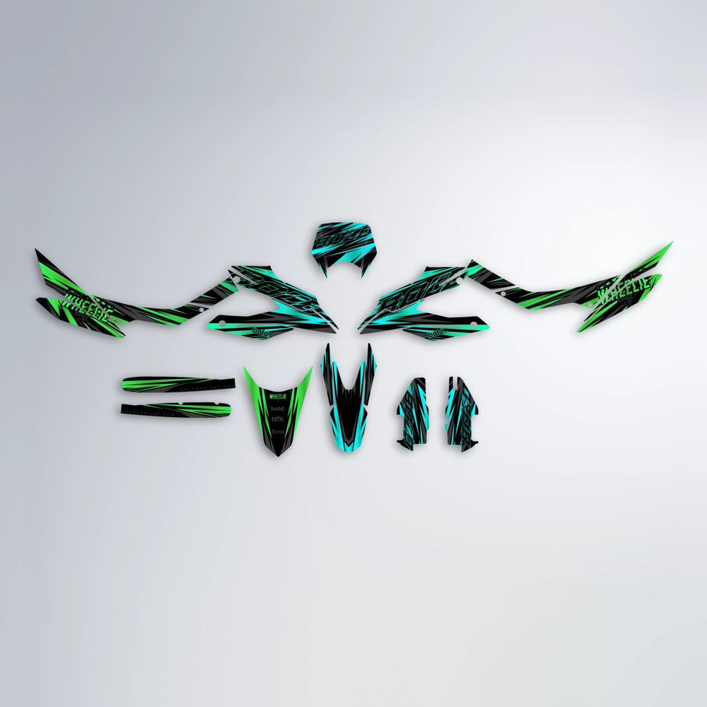 RAGE Aprilia SX 125 graphics kit parts layout in Cyan & Green