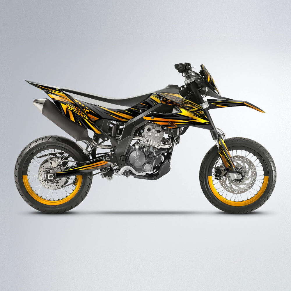 RAGE Aprilia SX 125 supermoto graphics kit in Orange & Yellow