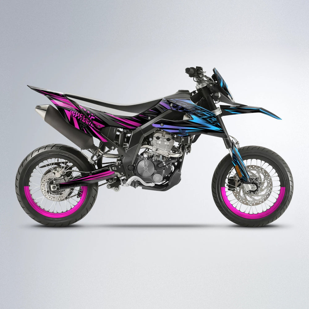 RAGE Aprilia SX 125 supermoto graphics kit in Pink & Light Blue