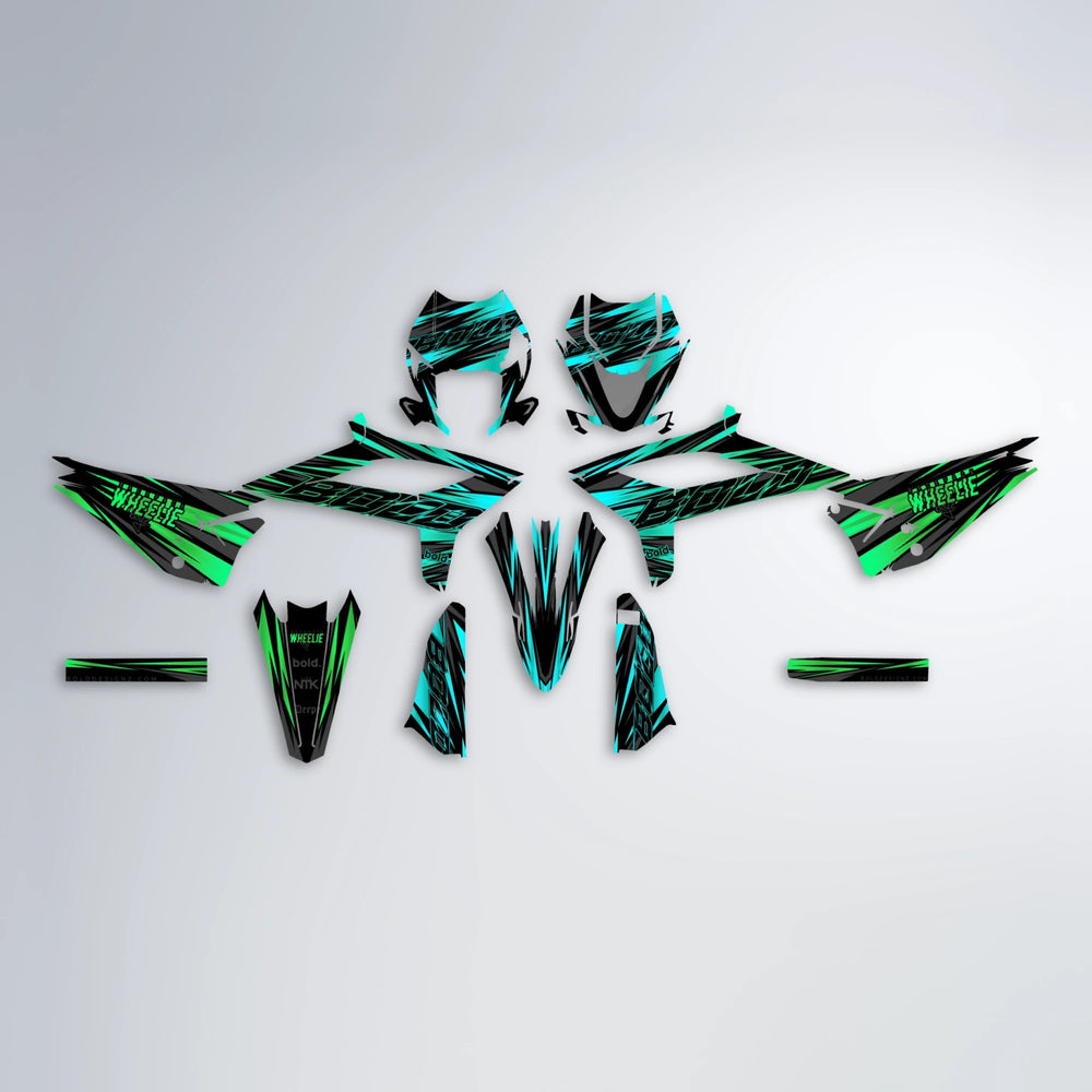 RAGE Beta graphics kit parts layout in Cyan & Green